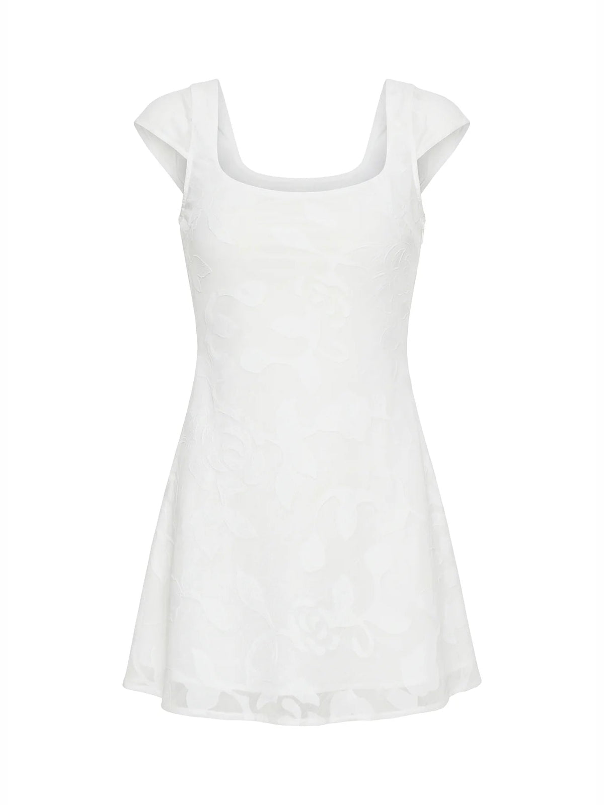 White floral mini dress, square neckline, cap sleeves, flared skirt, sleeveless look