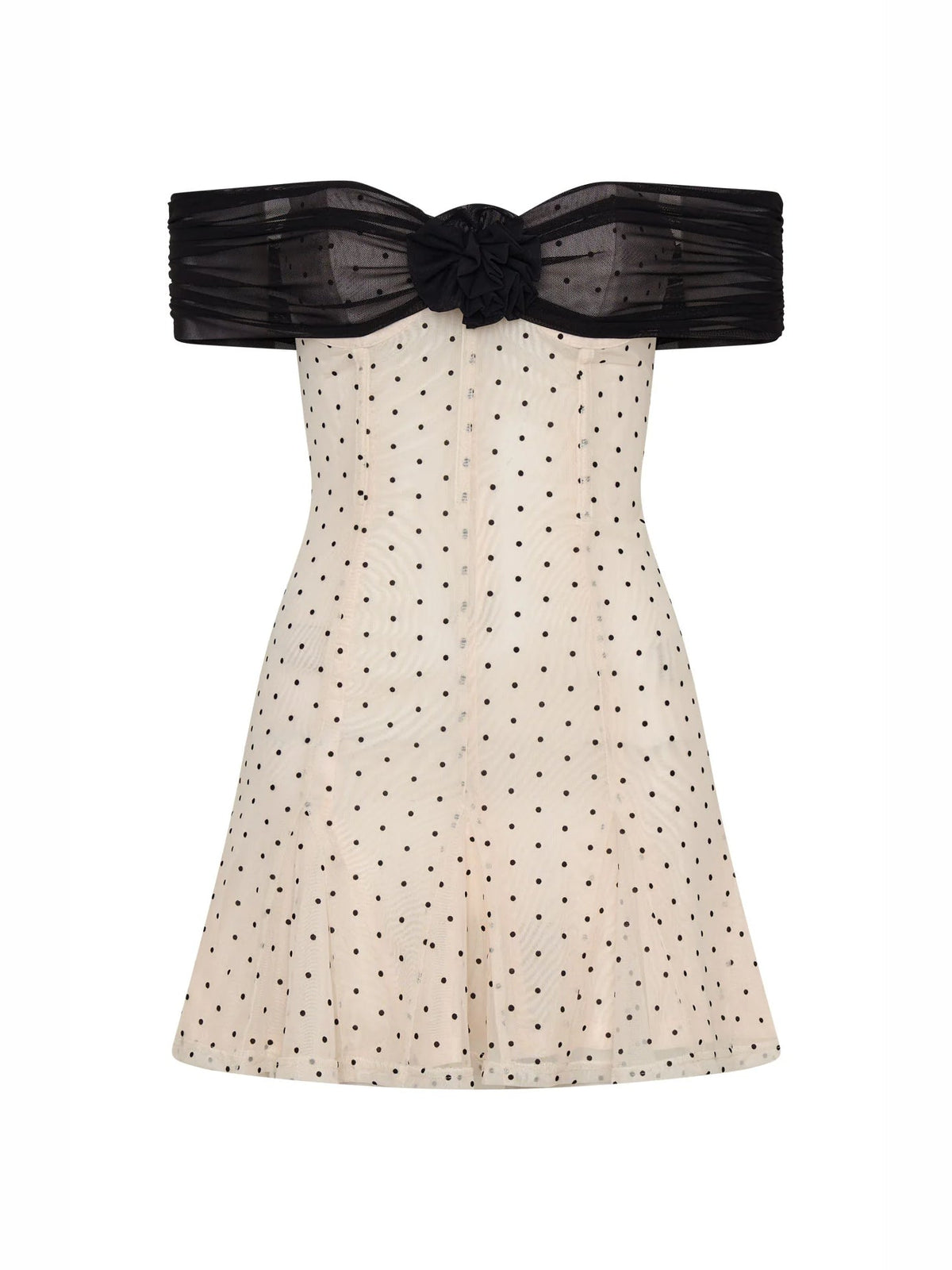 Cream mini dress with black off-shoulder bow band and polka dot print