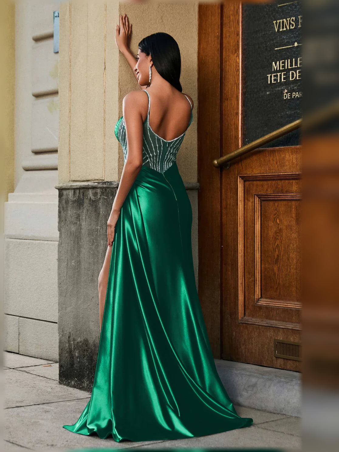 Emerald green sweetheart beaded formal dress with side slit and thin straps