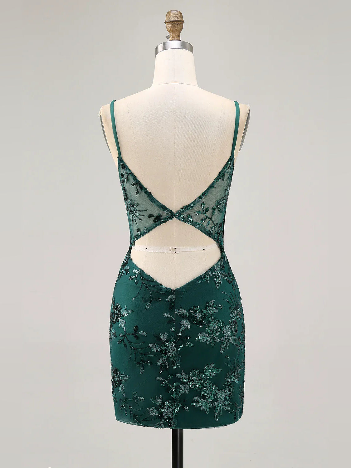 Peacock teal sequin corset mini dress back view with crisscross straps