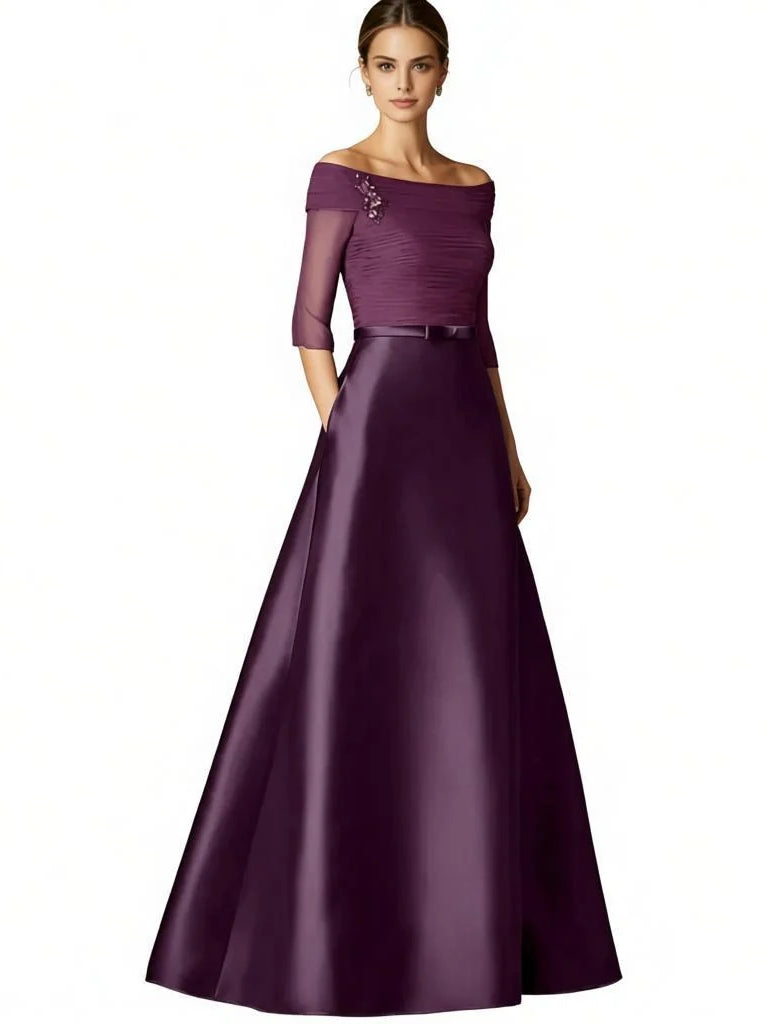 Plum satin A-line off-shoulder dress with ruched bodice, waist belt, 3/4 sleeves