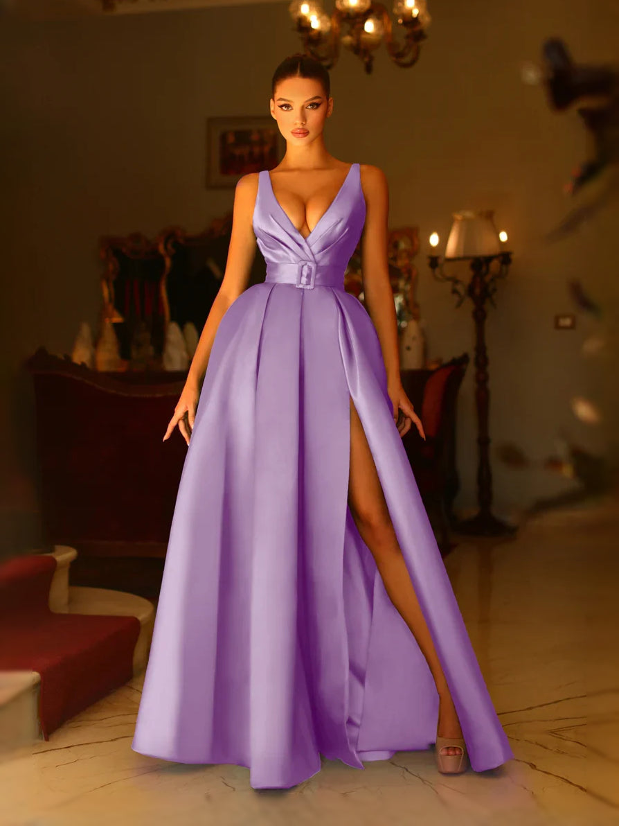 Lavender satin V-neck sleeveless A-line floor-length dress with front slit