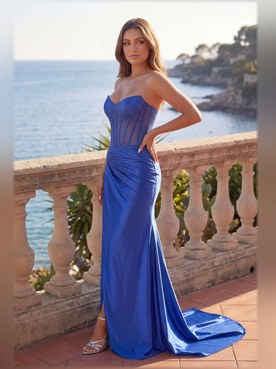 Blue off-shoulder corset formal dress with front slit and draped floor-length skirt