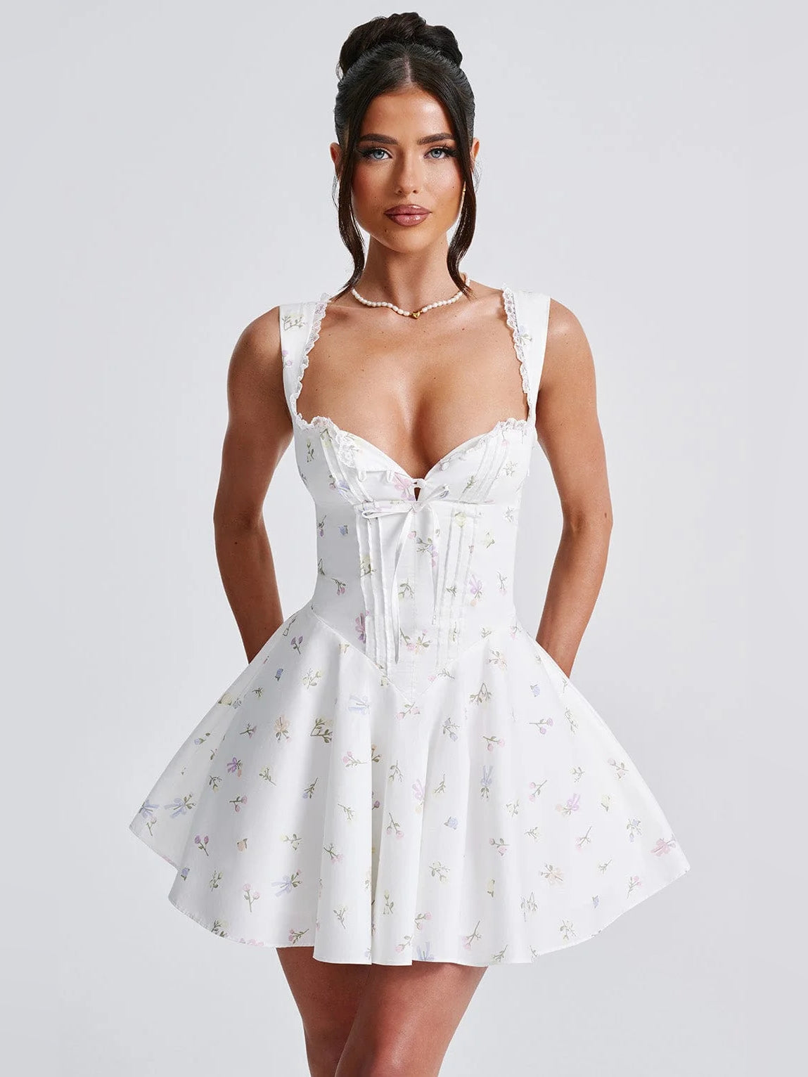 White floral mini homecoming dress, lace-trimmed bodice, sweetheart neckline, flared skirt