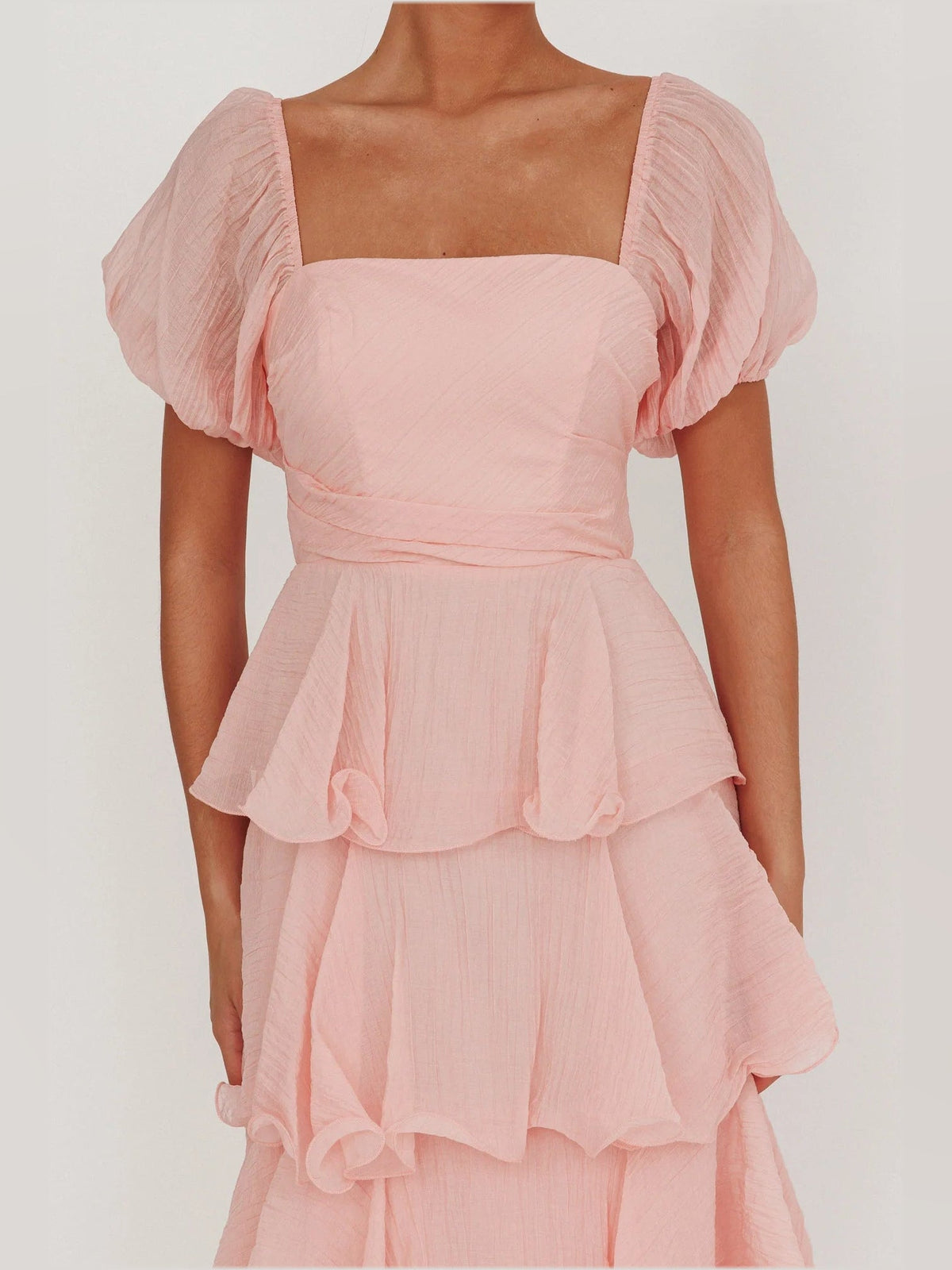 Baby Pink a-line midi formal dress with ruffle details, alternate full-length view showing the overall silhouette