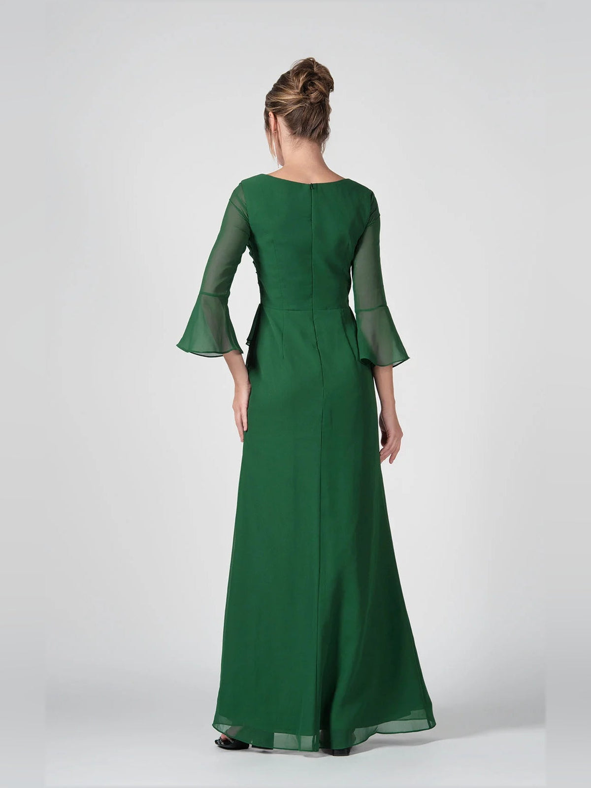 Back view: dark green chiffon bridesmaid dress with ruched waist and side slit
