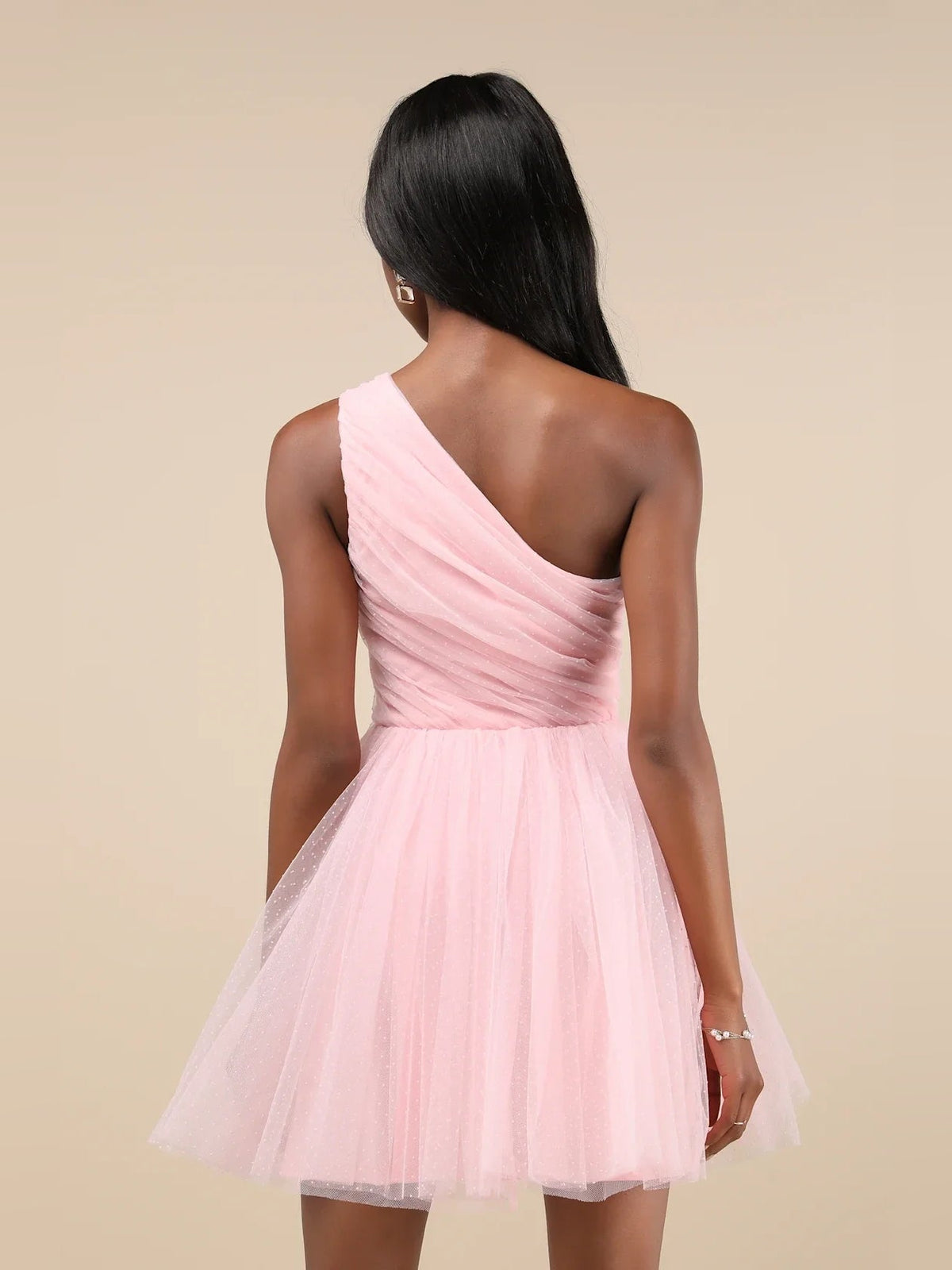 Blush pink draped V-neck mini A-line satin dress, open back and pleated tulle skirt