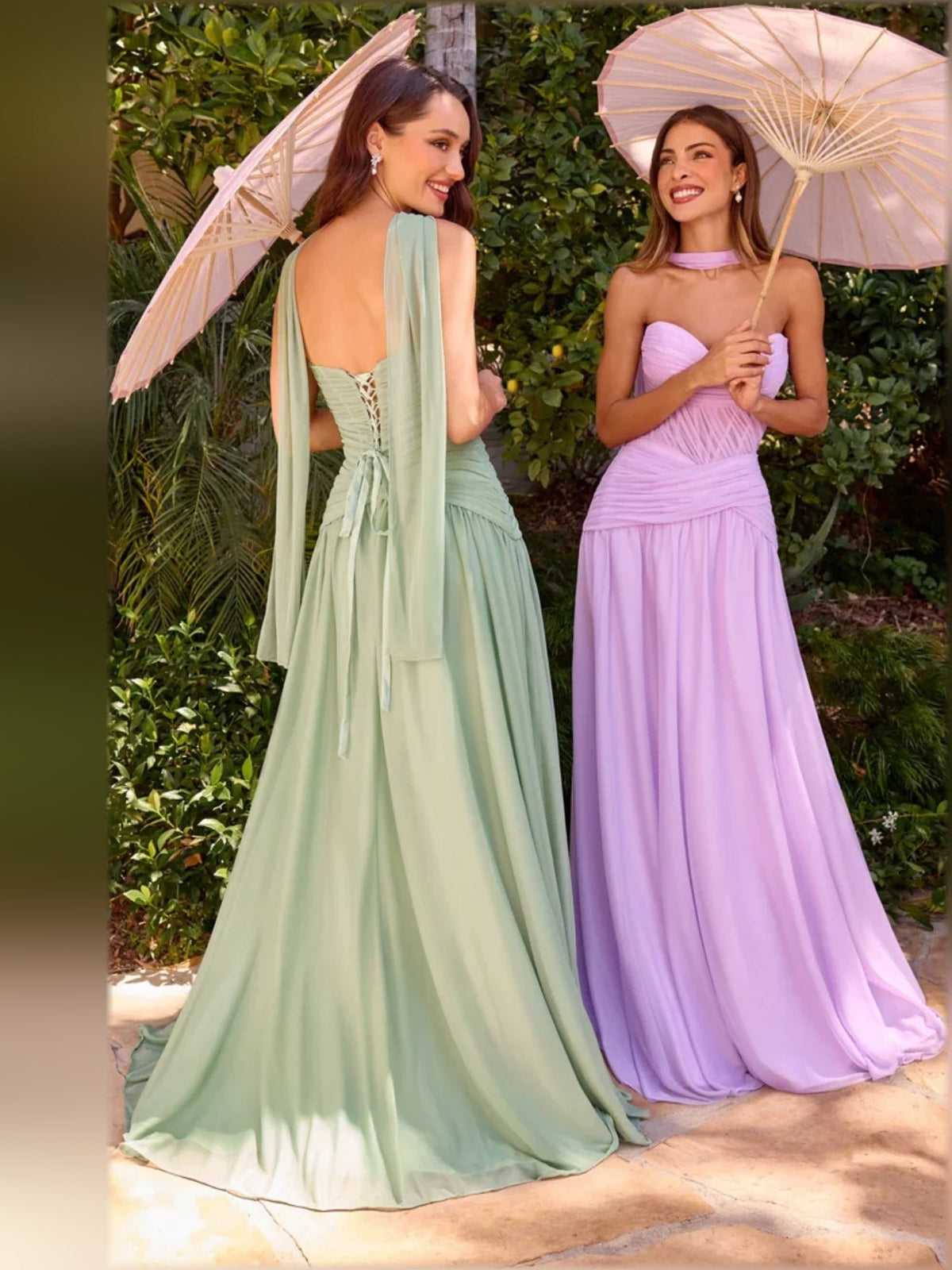 Dusty sage and lavender halter-neck chiffon formal dresses with sweetheart necklines and draped sashes