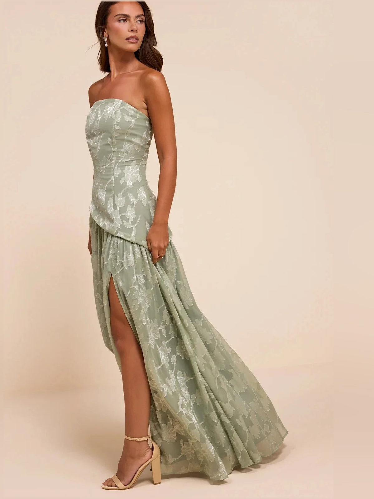 Dusty sage strapless A-line maxi dress with floral pattern and side slit