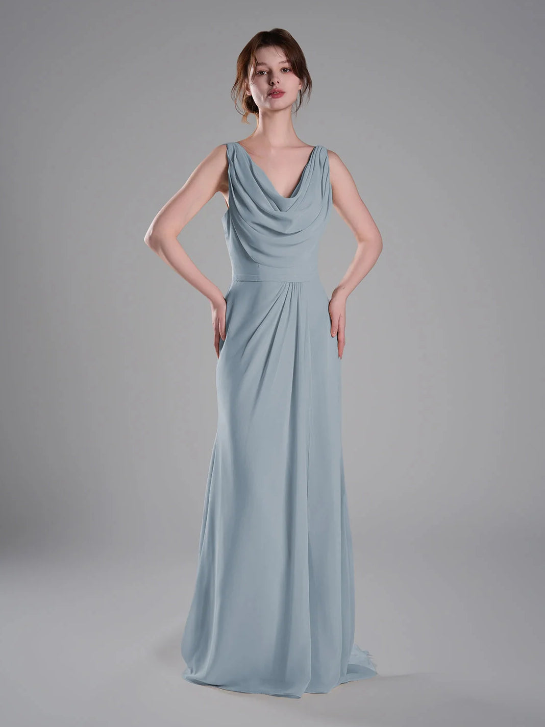 Light blue cowl-neck sleeveless sheath maxi dress with draped neckline and long skirt