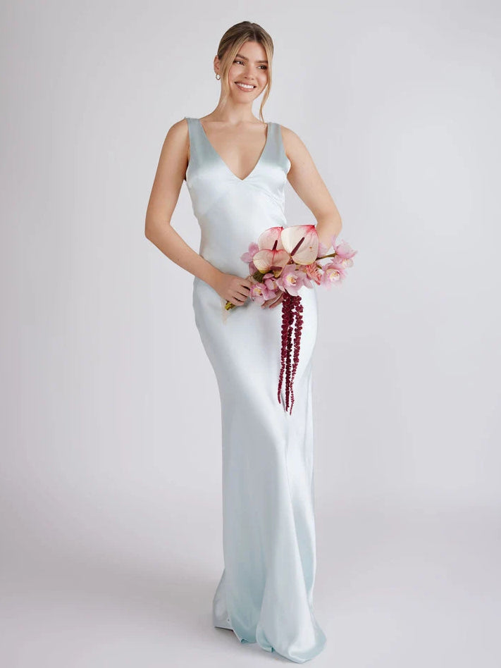 Ice blue satin V-neck sheath maxi dress, sleeveless, elegant slim fit.