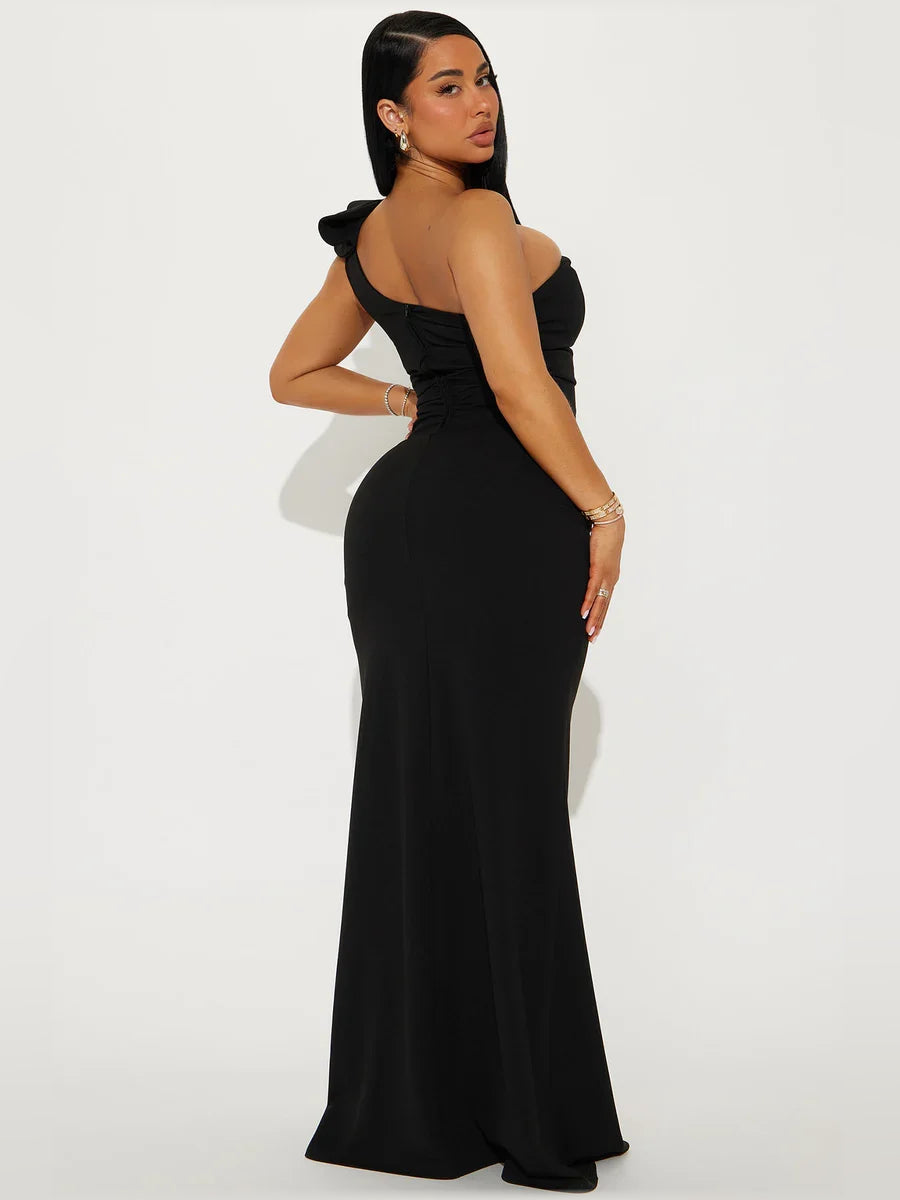 Black one-shoulder ruched formal dress with layered ruffle shoulder and long hem