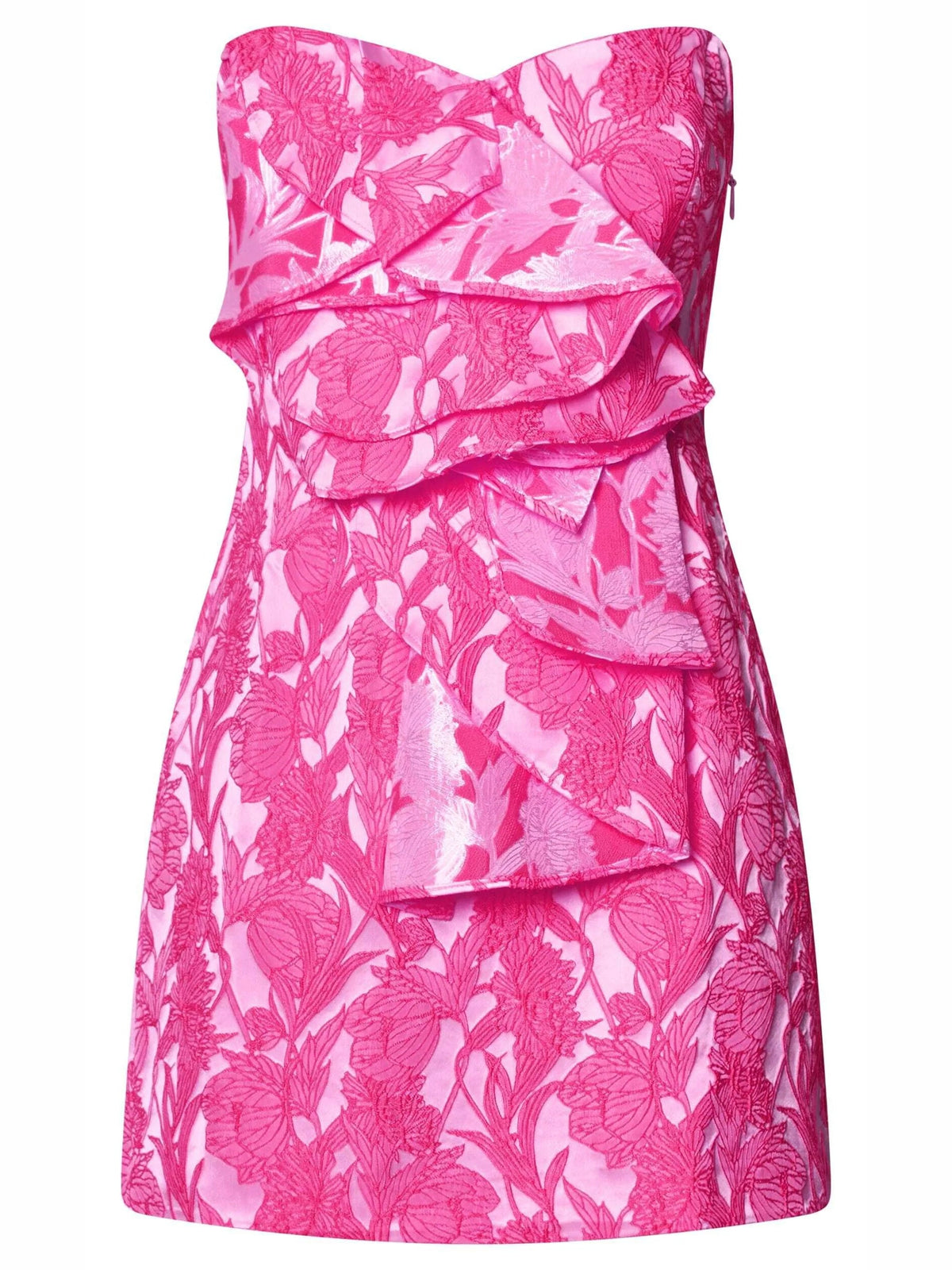 Hot pink strapless mini dress with ruffled tiers and botanical floral print