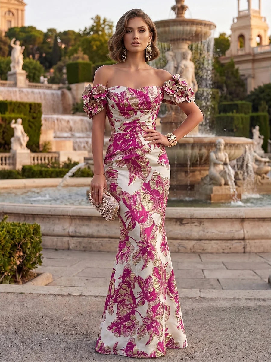 Off-shoulder mermaid evening dress in fuchsia with floral applique and ruched waist