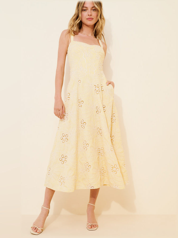Eyelet corset midi dress with floral eyelet embroidery and sleeveless fitted design