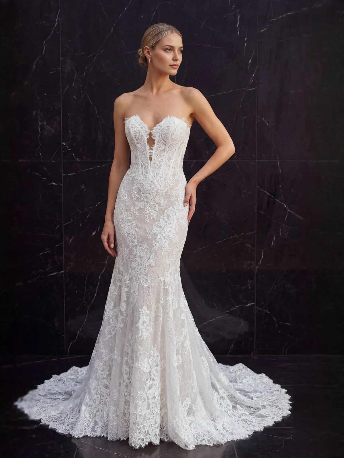 Ivory lace mermaid wedding dress with strapless sweetheart neckline