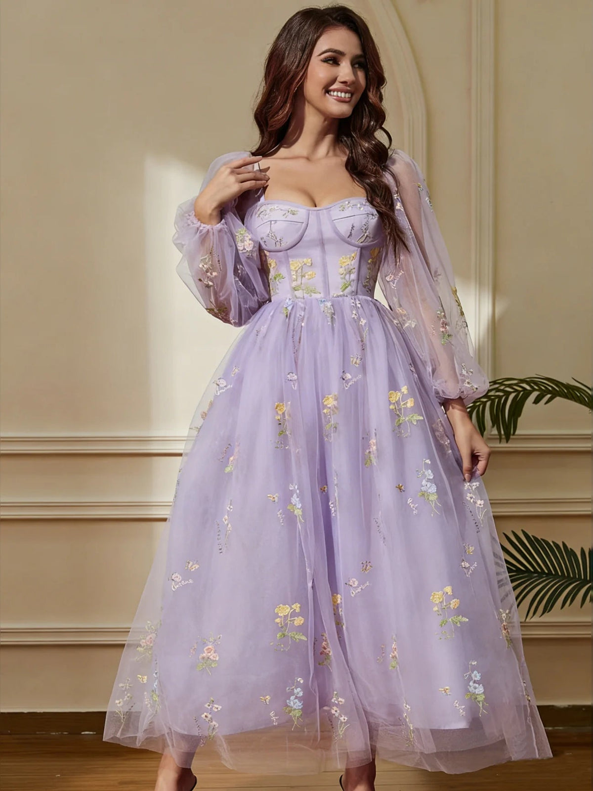 Sweetheart A-line midi prom dress in lavender with embroidered floral accents