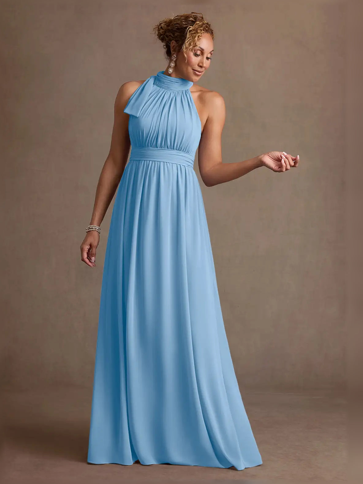 Light blue halter-neck ruched A-line maxi dress