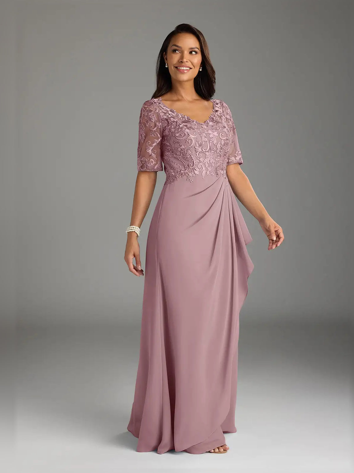 Dusty rose embroidered lace V-neck maxi dress with short sleeves and A-line flowing skirt