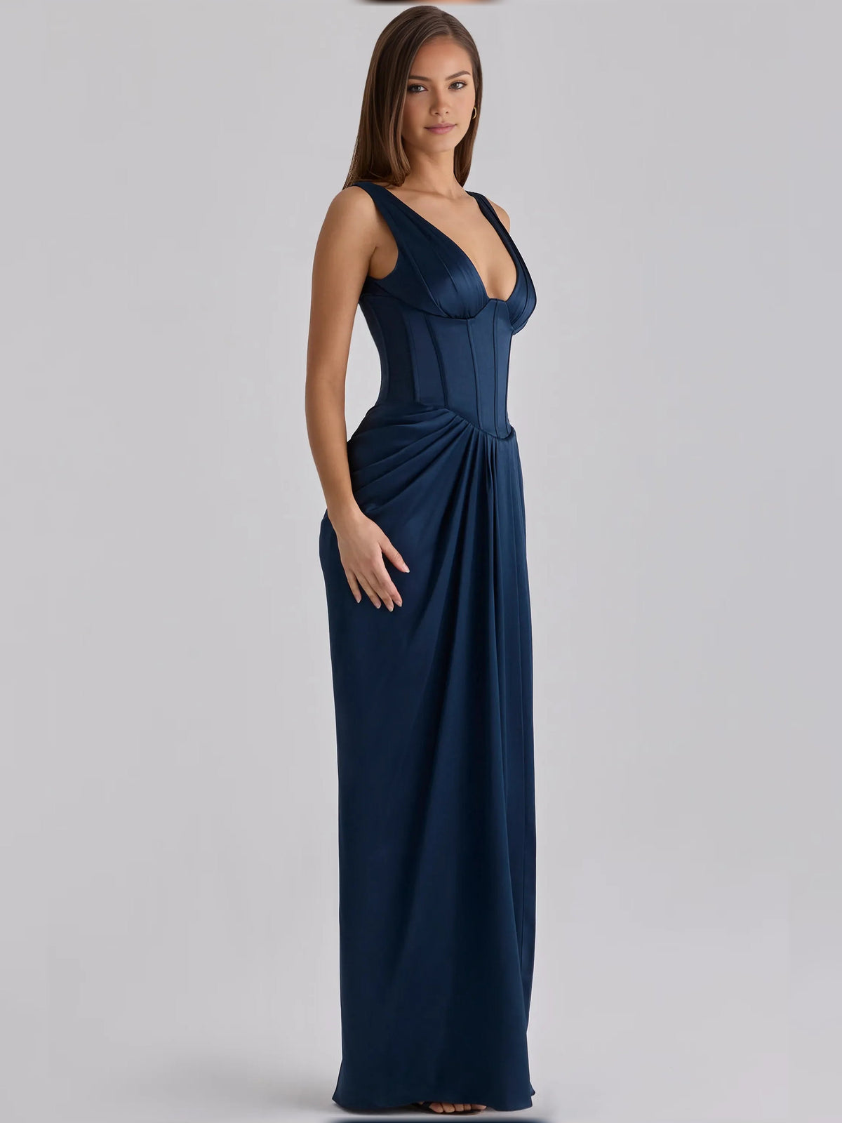 Navy blue v-neck corset pleated floor-length formal dress, sleeveless full front