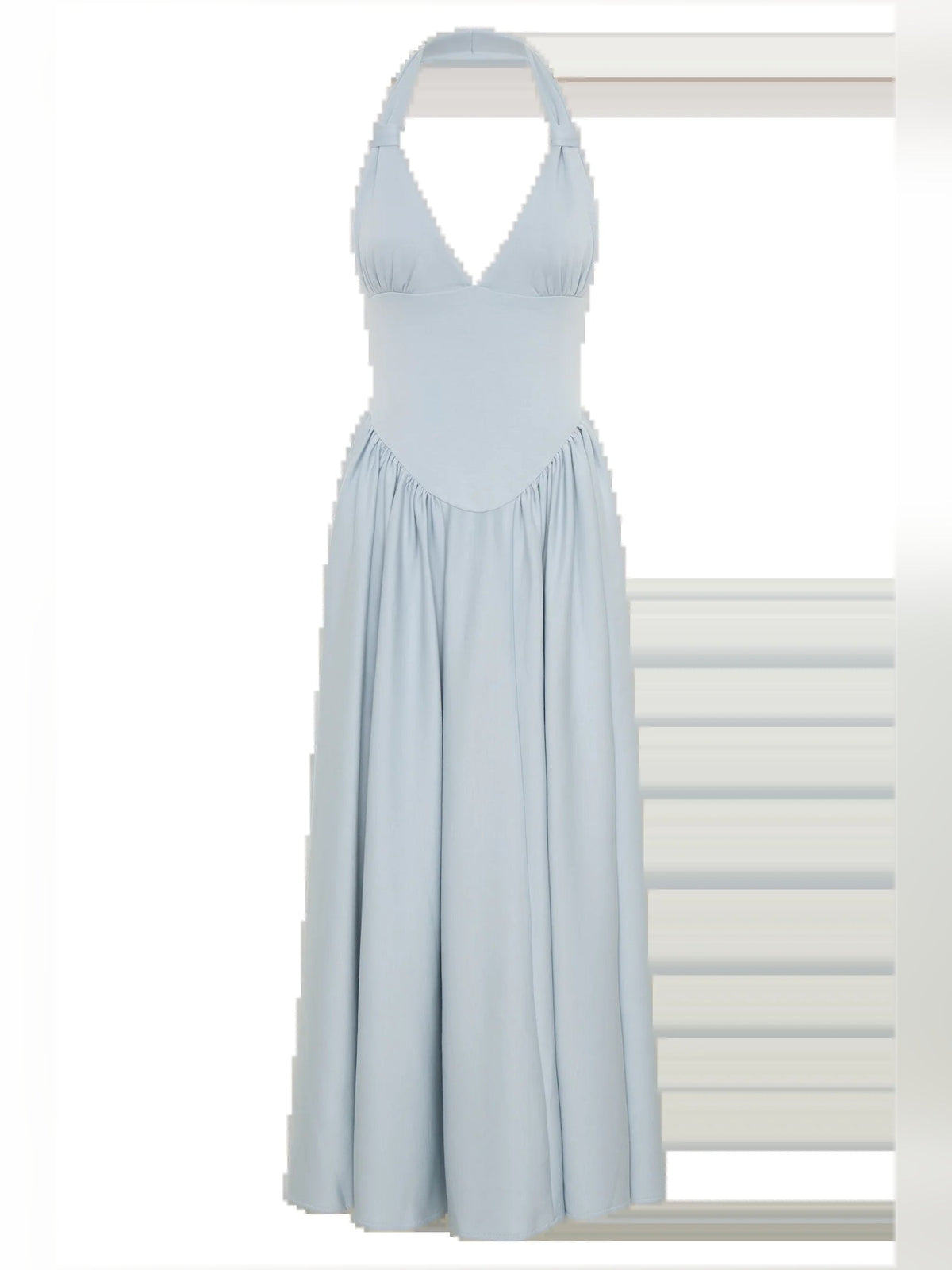 Light blue halter midi dress with ruched bodice and pleated skirt
