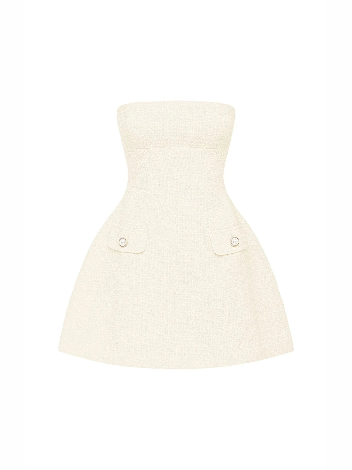 Ivory strapless mini dress with front flap pockets and A-line silhouette