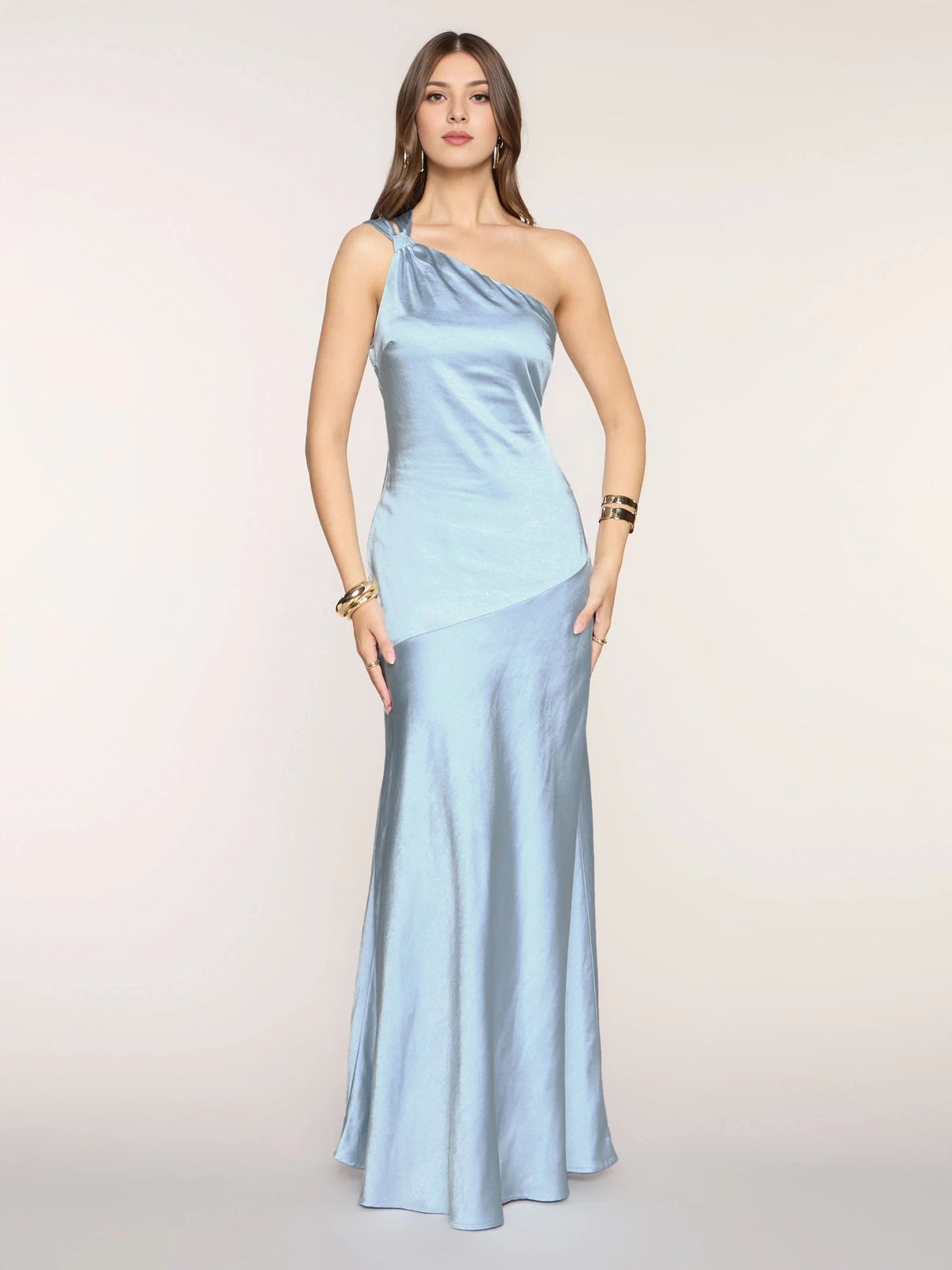 Light blue satin maxi prom dress with asym one-shoulder neckline and side drape