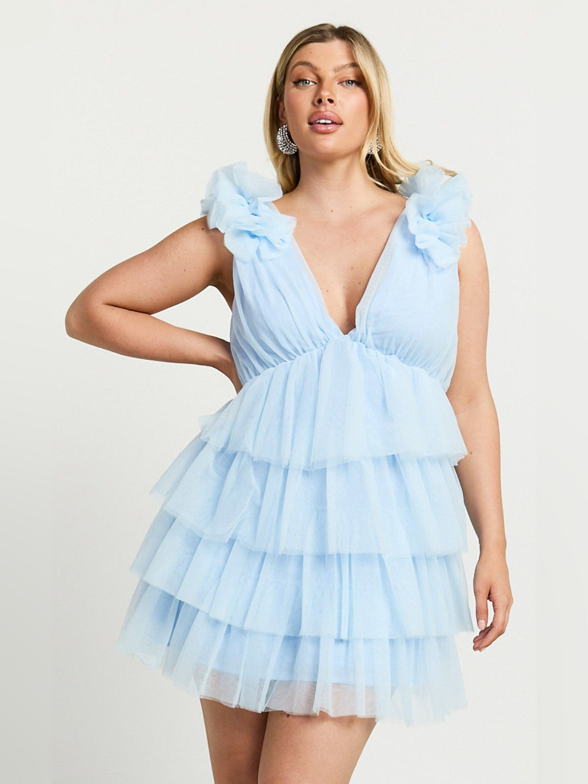 Light blue ruffled tiered tulle mini dress with deep V-neck and airy layered skirt