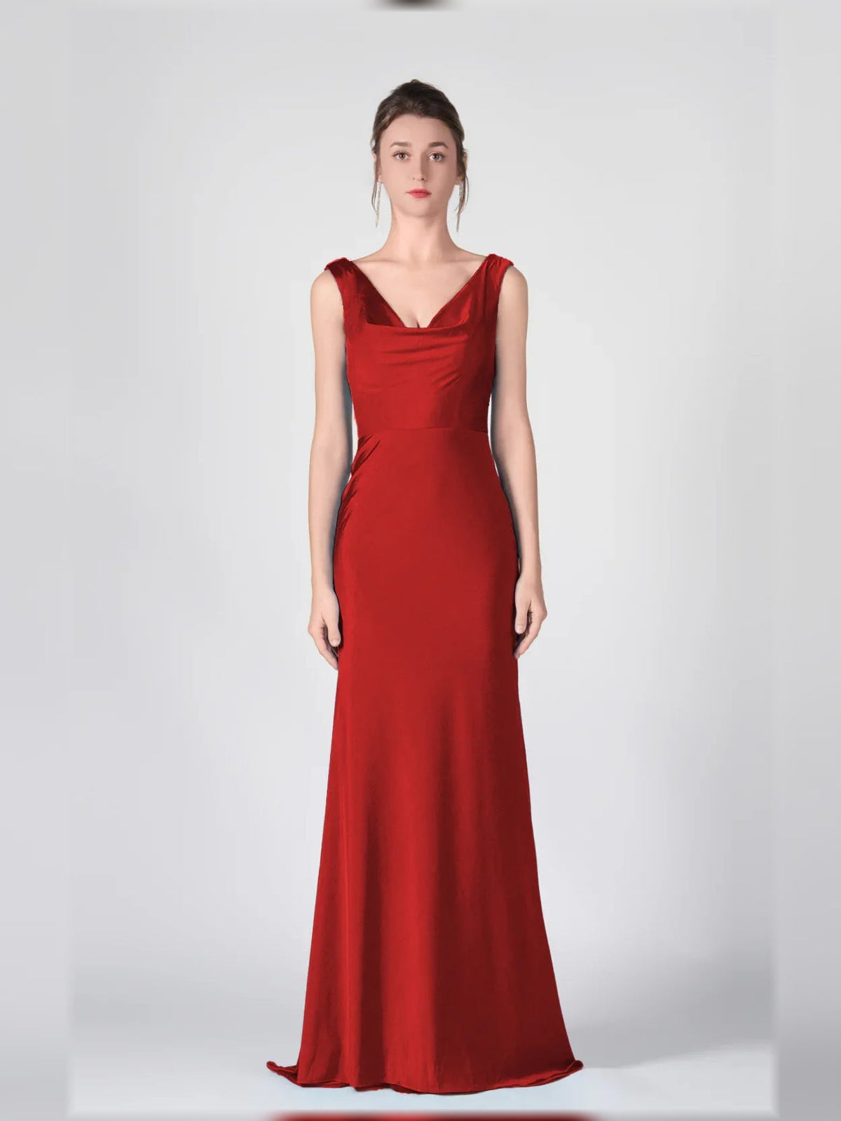 Deep red sleeveless V-neck mermaid formal dress with fitted waist and long skirt