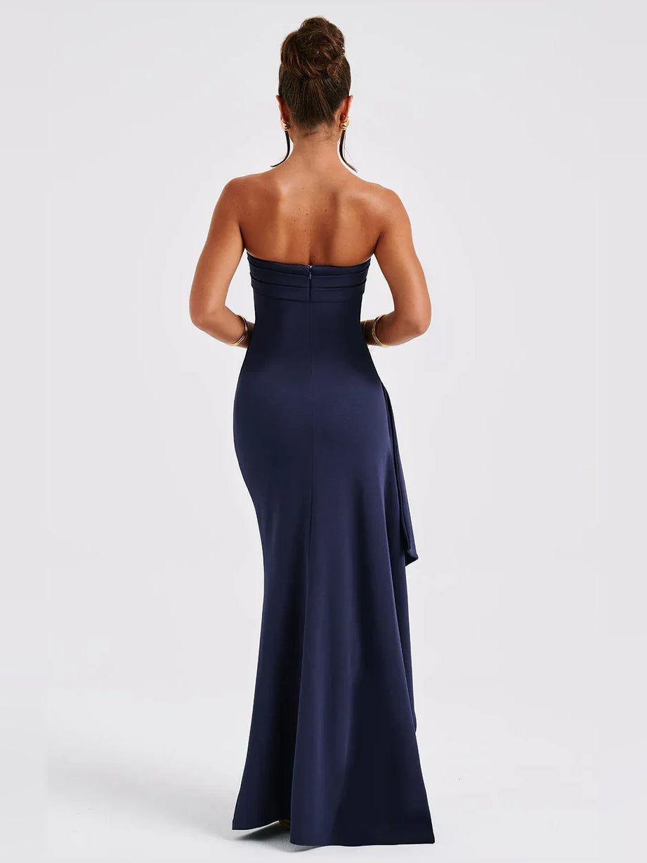 Dark navy one-shoulder ruffle slit floor-length formal dress, back view