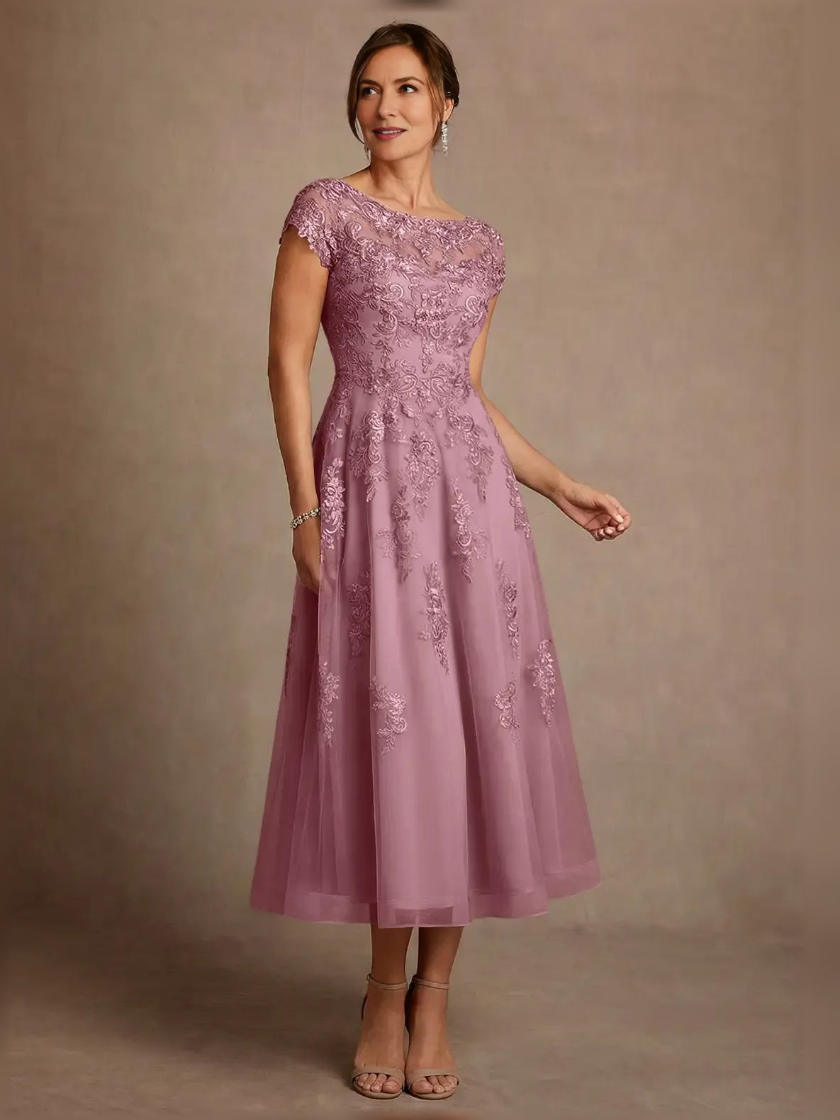 Embroidered illusion-neck A-line midi dress in vintage mauve, cap sleeves, embroidered bodice