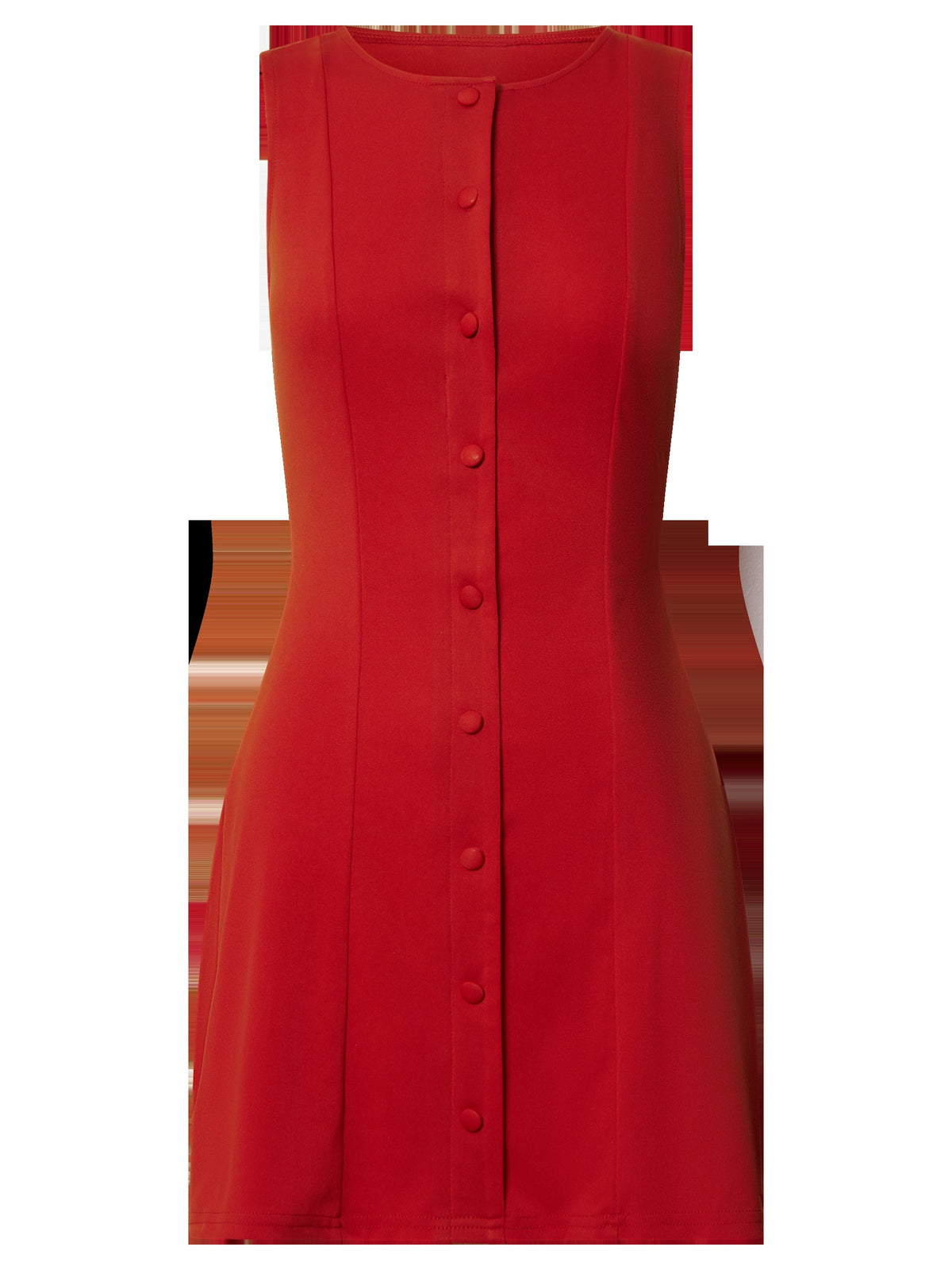 Red sleeveless high-neck mini dress on hanger with button-front center panel