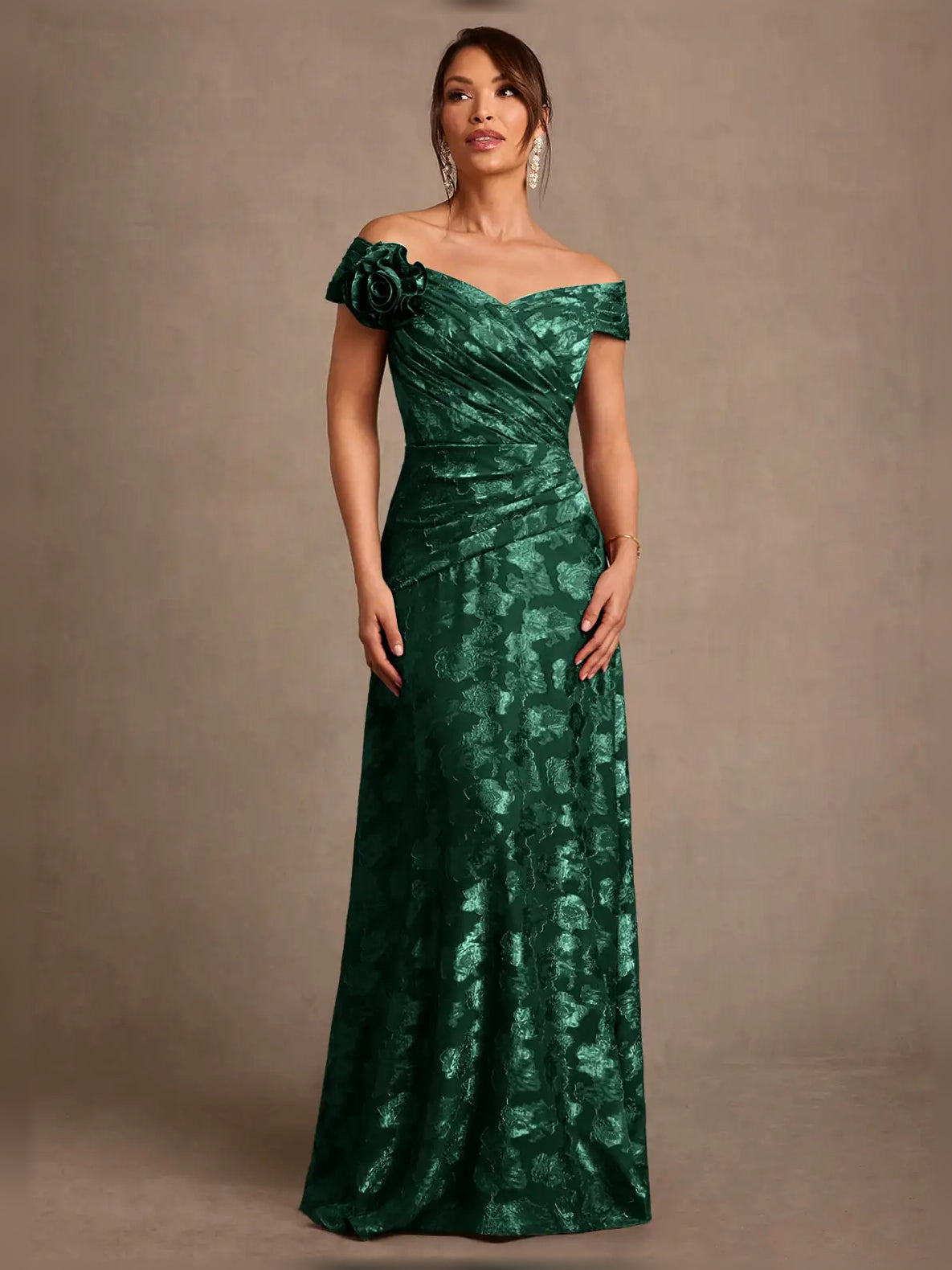 Emerald green off-shoulder A-line maxi dress with rosette sleeve, ruched bodice, floral jacquard
