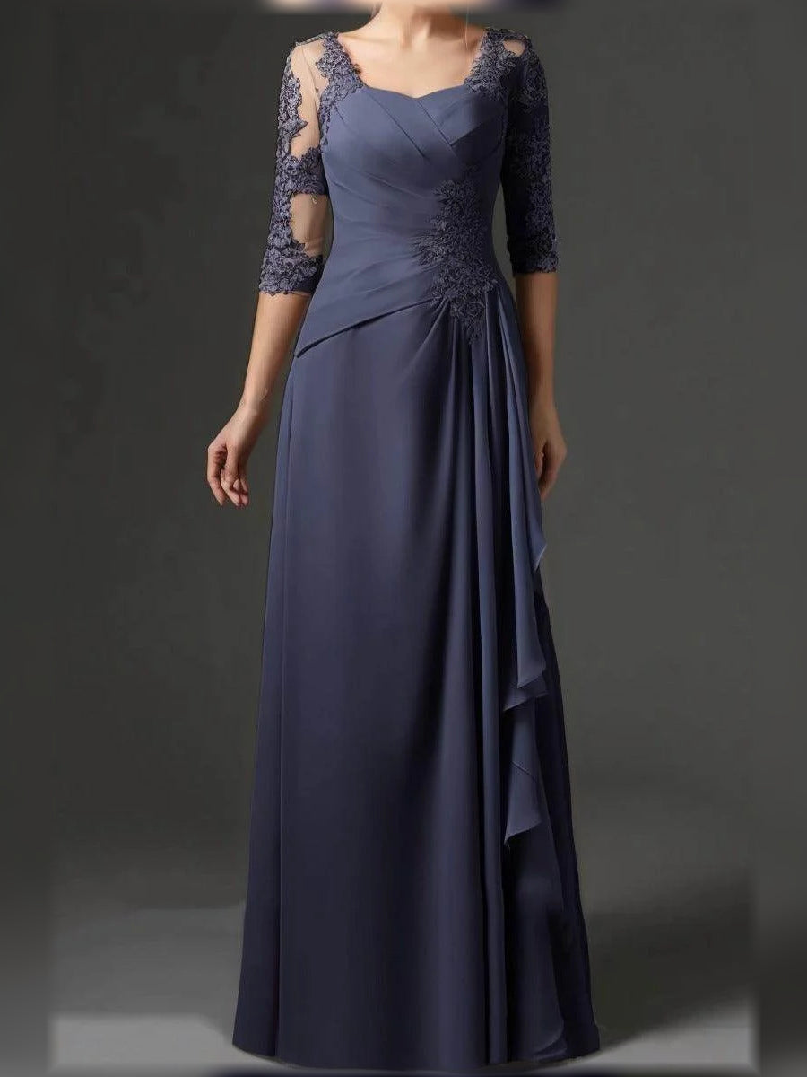 Dark navy chiffon mother of the bride dress, square neck, lace sleeves, draped waist