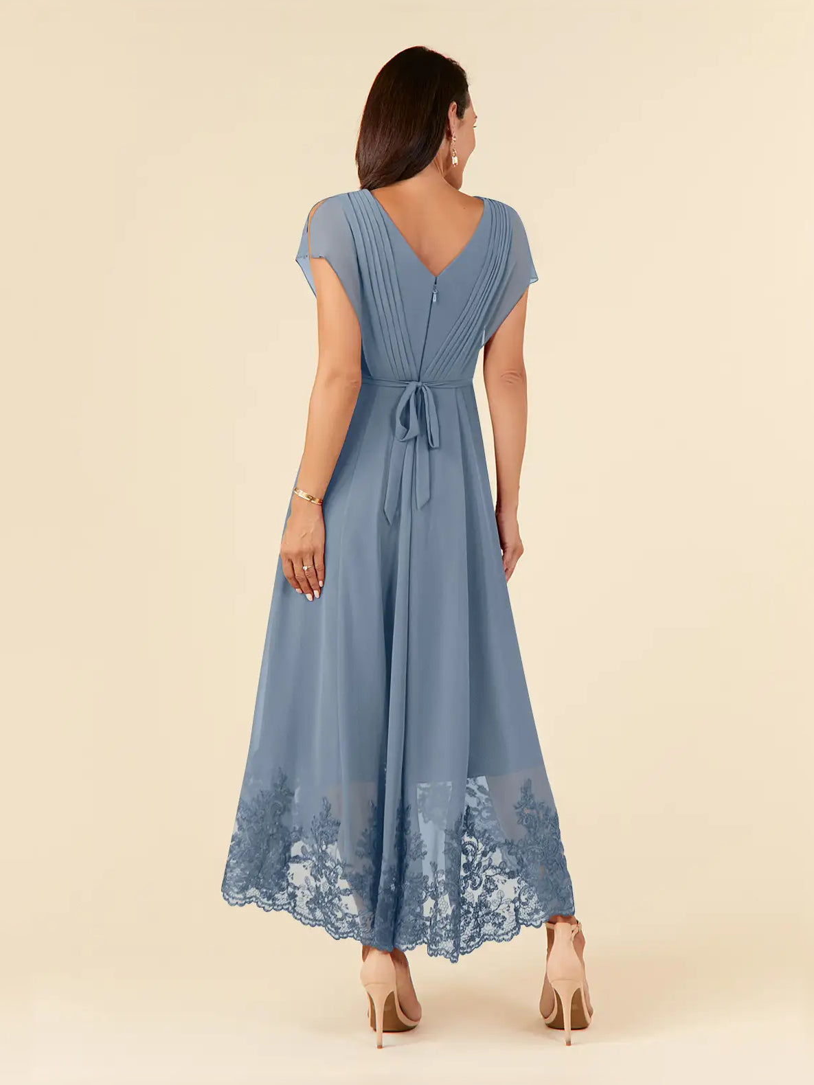 Dusty blue V-back A-line midi chiffon dress with tie waist and lace-trimmed hem