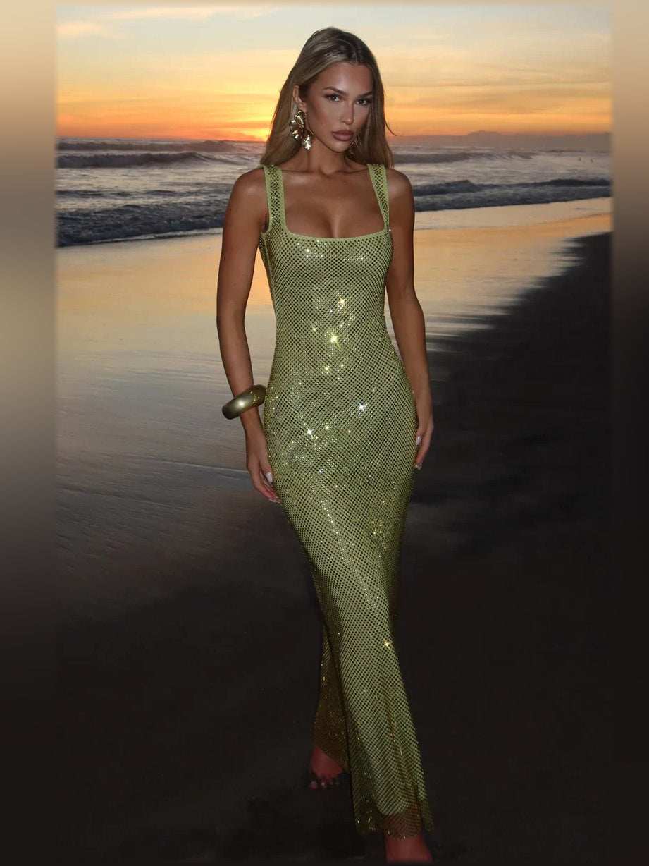 Olive green sequin mermaid formal dress with square neckline and thin straps