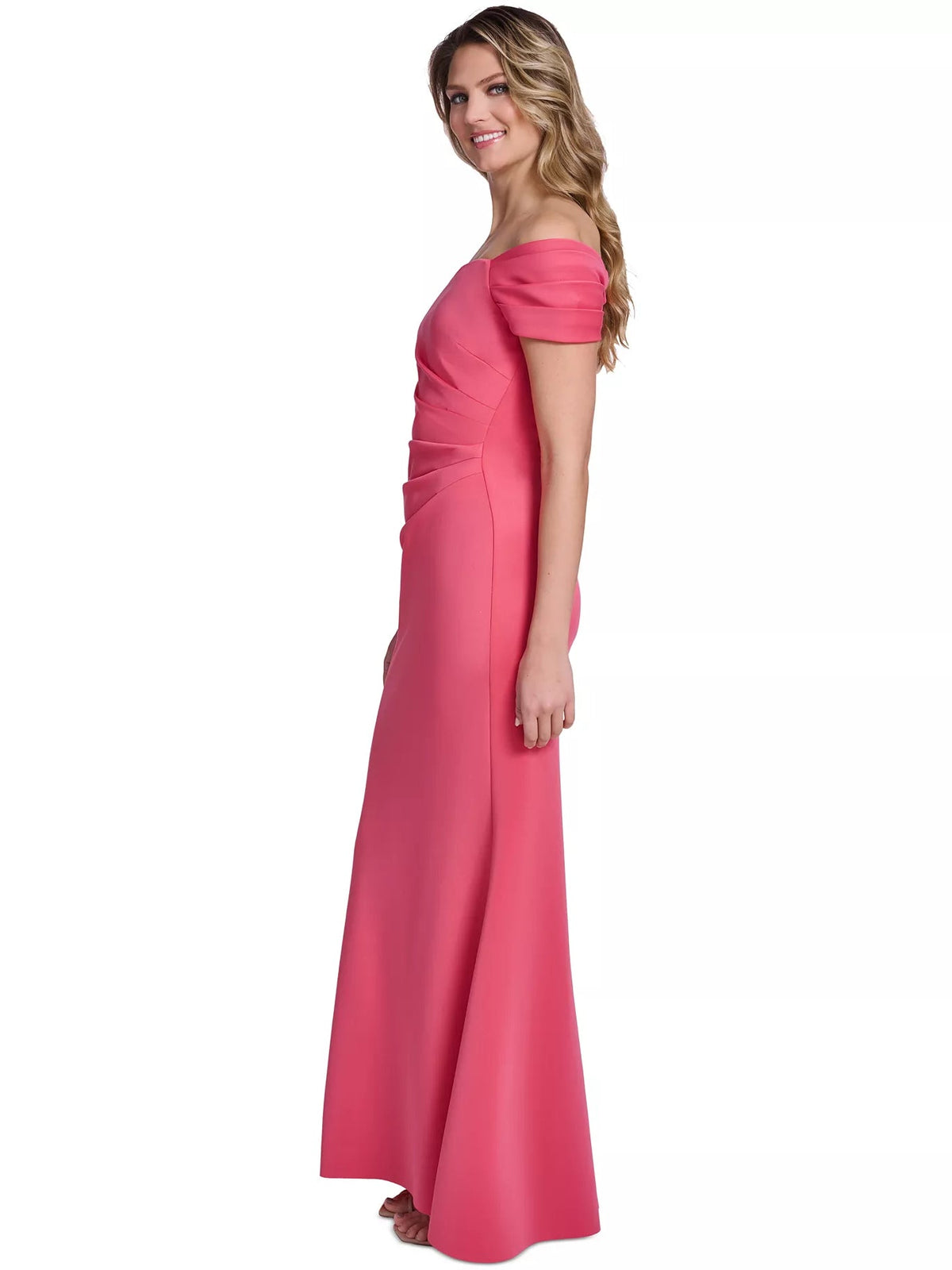 Cherry off-the-shoulder floor-length dress with draped ruched waist