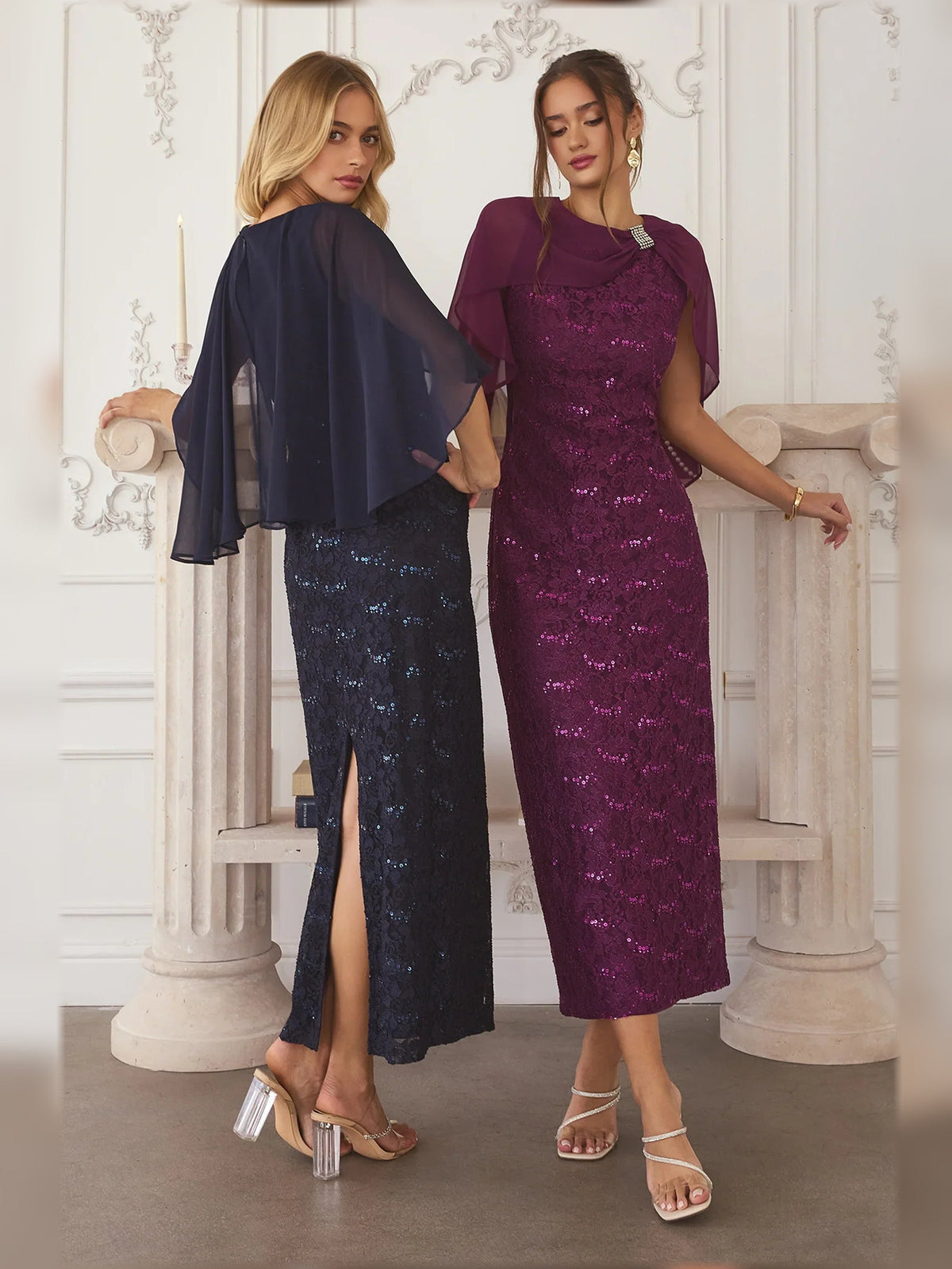 Deep purple lace midi sheath dress with sheer cape overlay and front slit