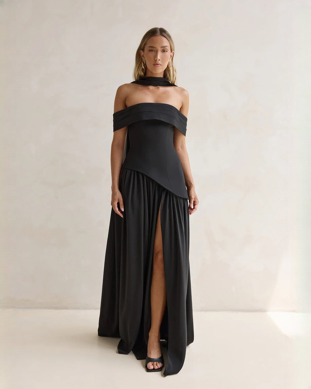 off-shoulder satin a-line maxi bridesmaid dress - image 8