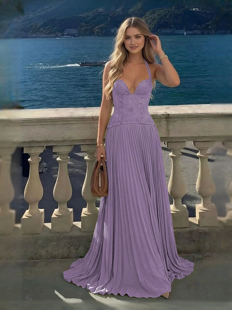 Light purple pleated sweetheart A-line maxi chiffon dress with corset bodice