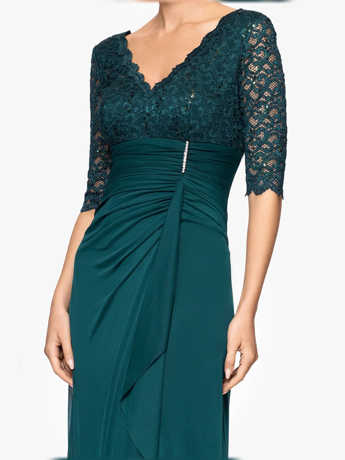 Peacock green V-neck lace bodice jersey gown with ruched waist and draped skirt