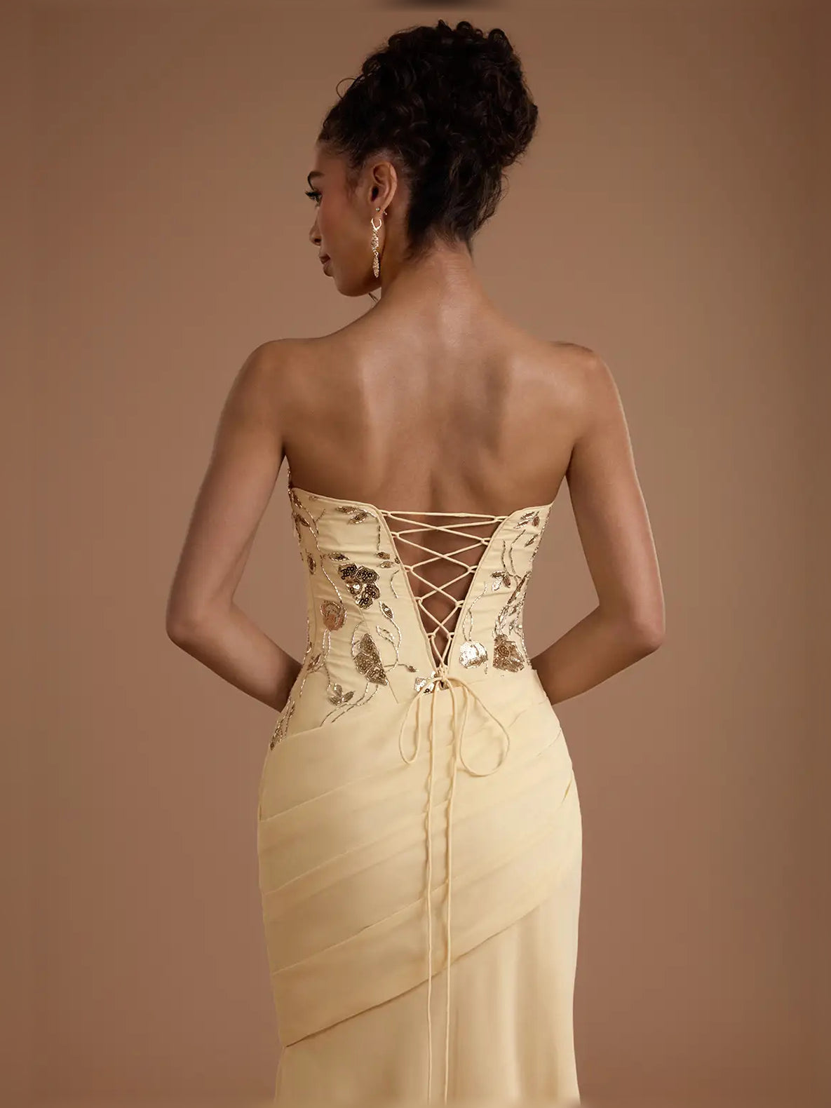 Cowl neck midi formal dress with ruching and slit, pale lemon open-back lace-up and drape