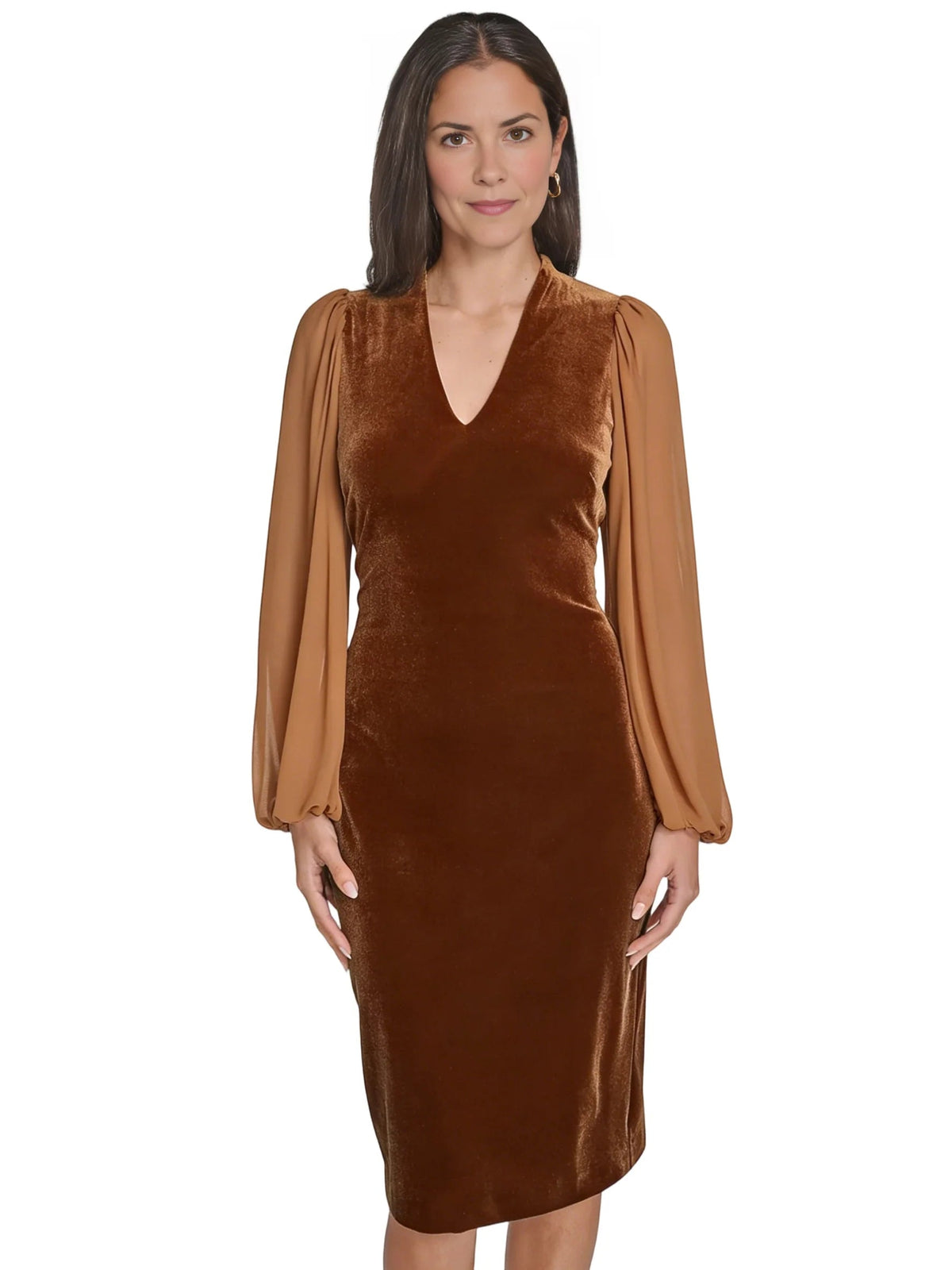 Brown V-neck fitted midi dress with draped chiffon sleeves