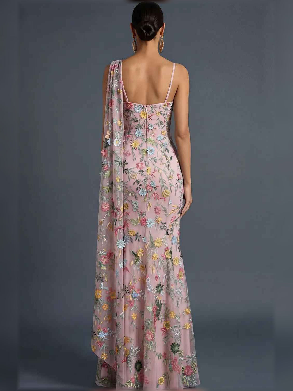 Floral print one-shoulder formal dress, open back, cream base with colorful floral pattern