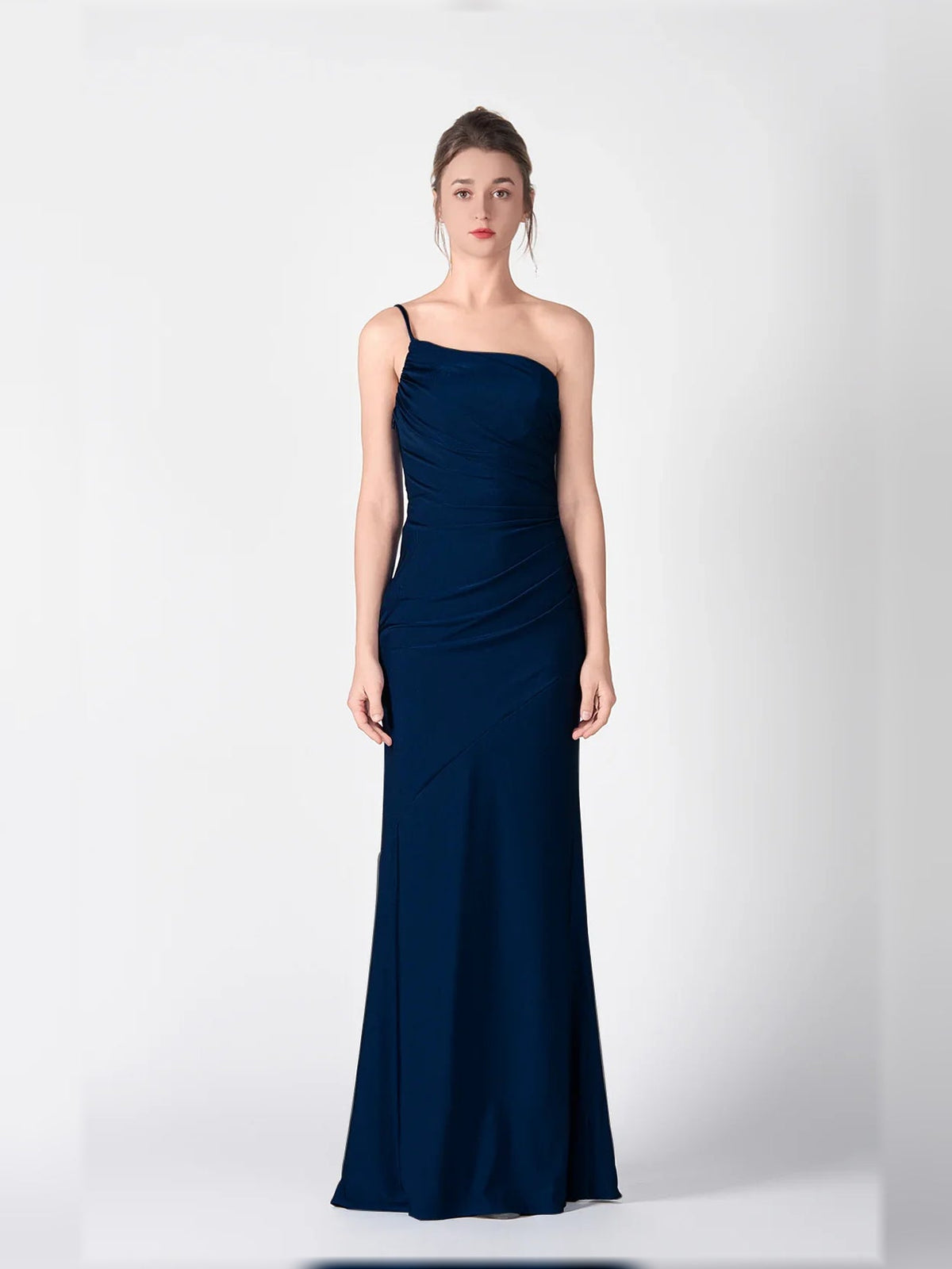 One-shoulder ruched mermaid formal dress, navy blue, floor-length