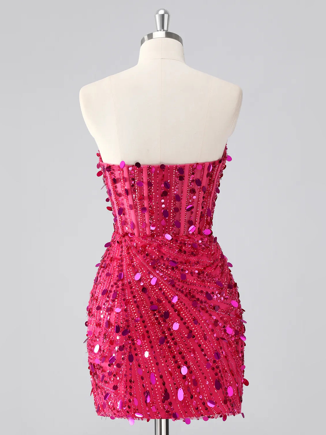 Magenta sequin corset sweetheart mini dress with fitted sheath silhouette