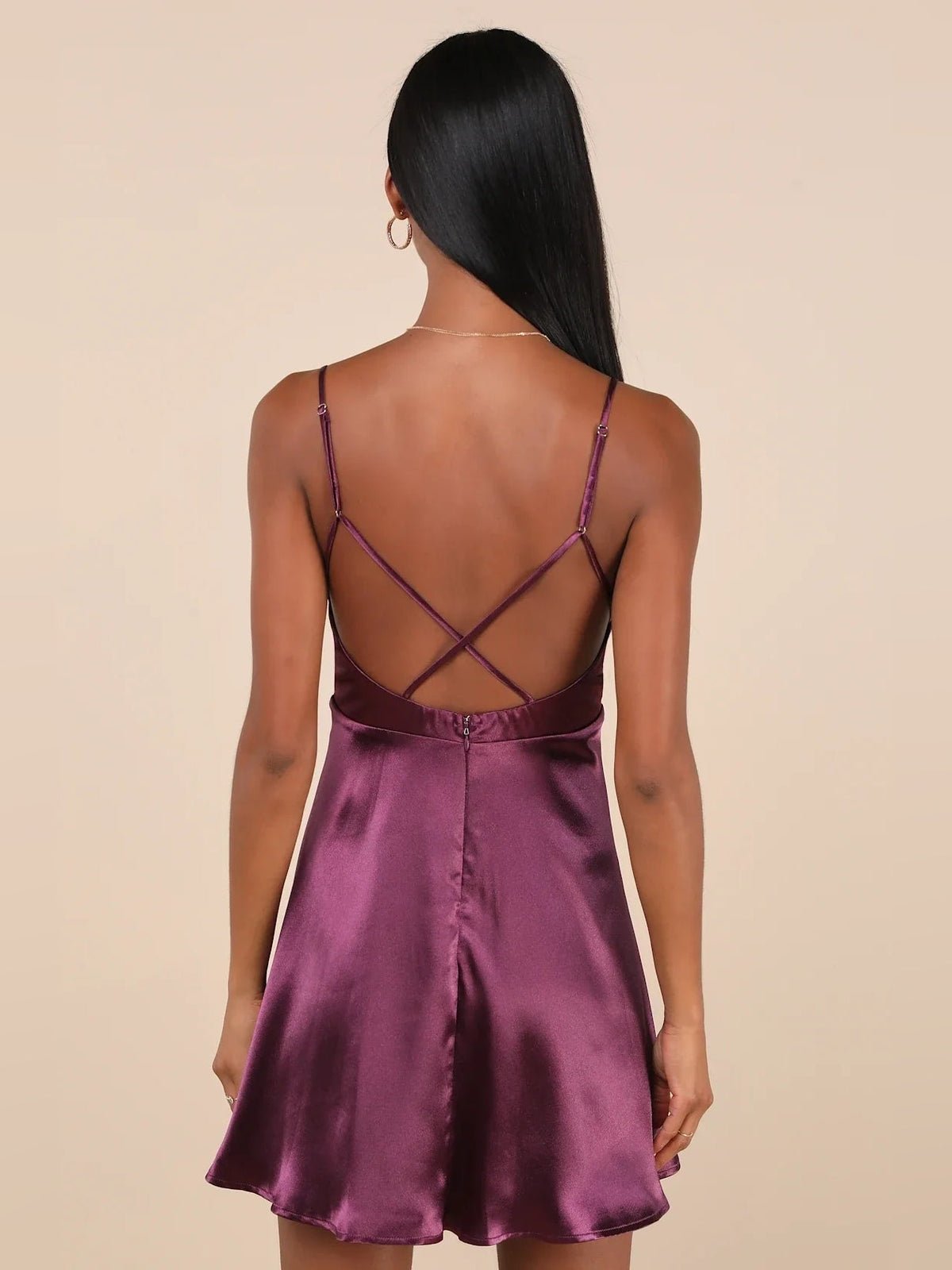 Satin A-line mini dress back view, deep hot pink with crisscross thin straps