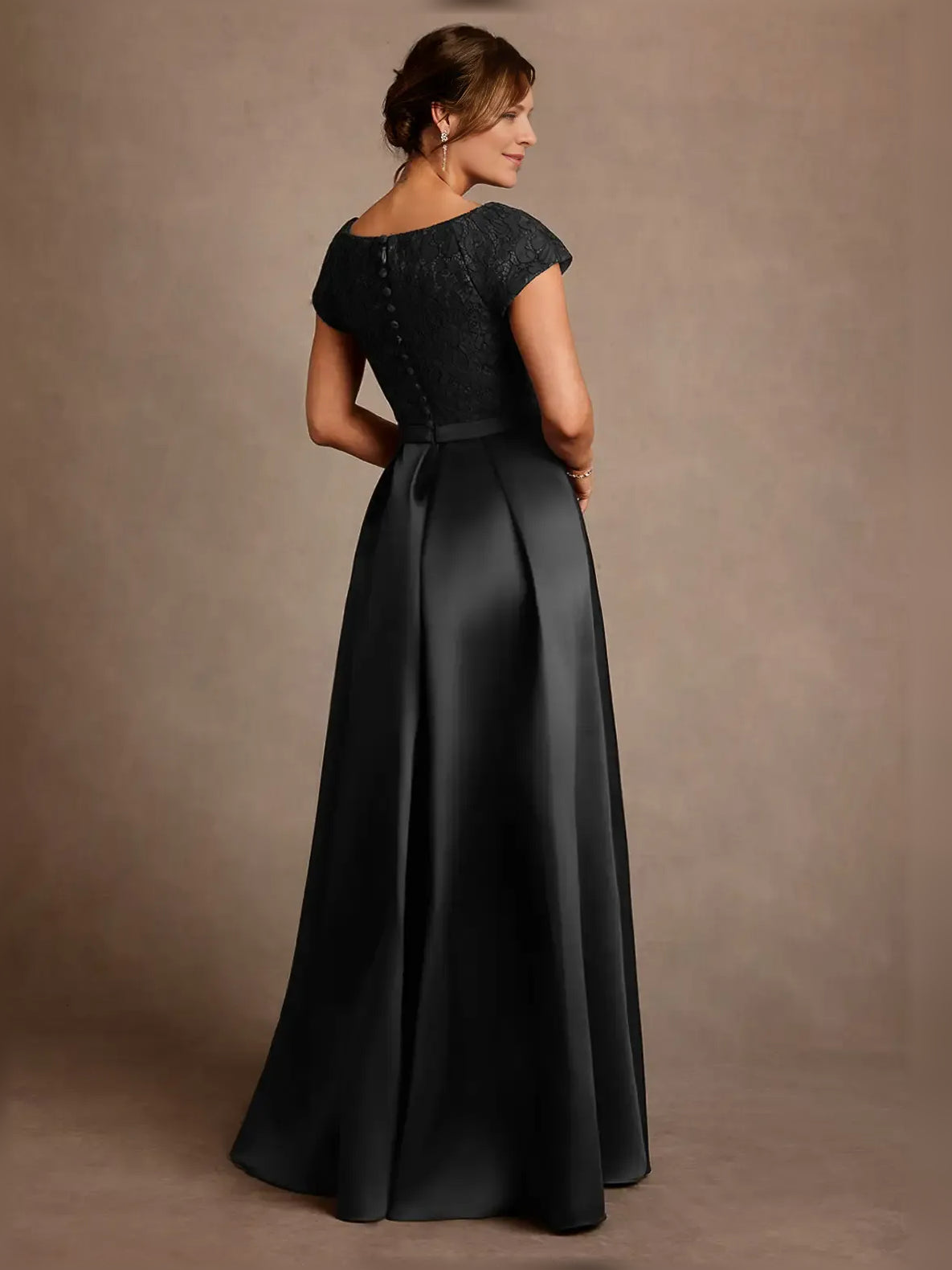 Black lace boat-neck A-line satin mother-of-the-bride dress, back view