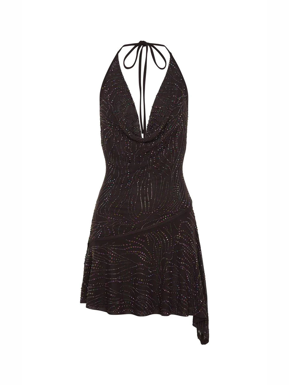 Halter sequin mini dress flat lay, dark brown allover sparkle, tied halter back, short skirt