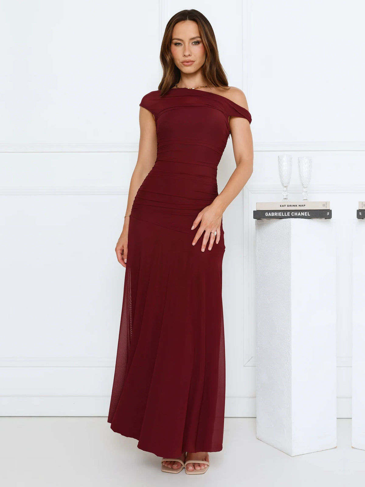 Wine sheath maxi formal dress with off-the-shoulder neckline, alternate view showing the overall silhouette